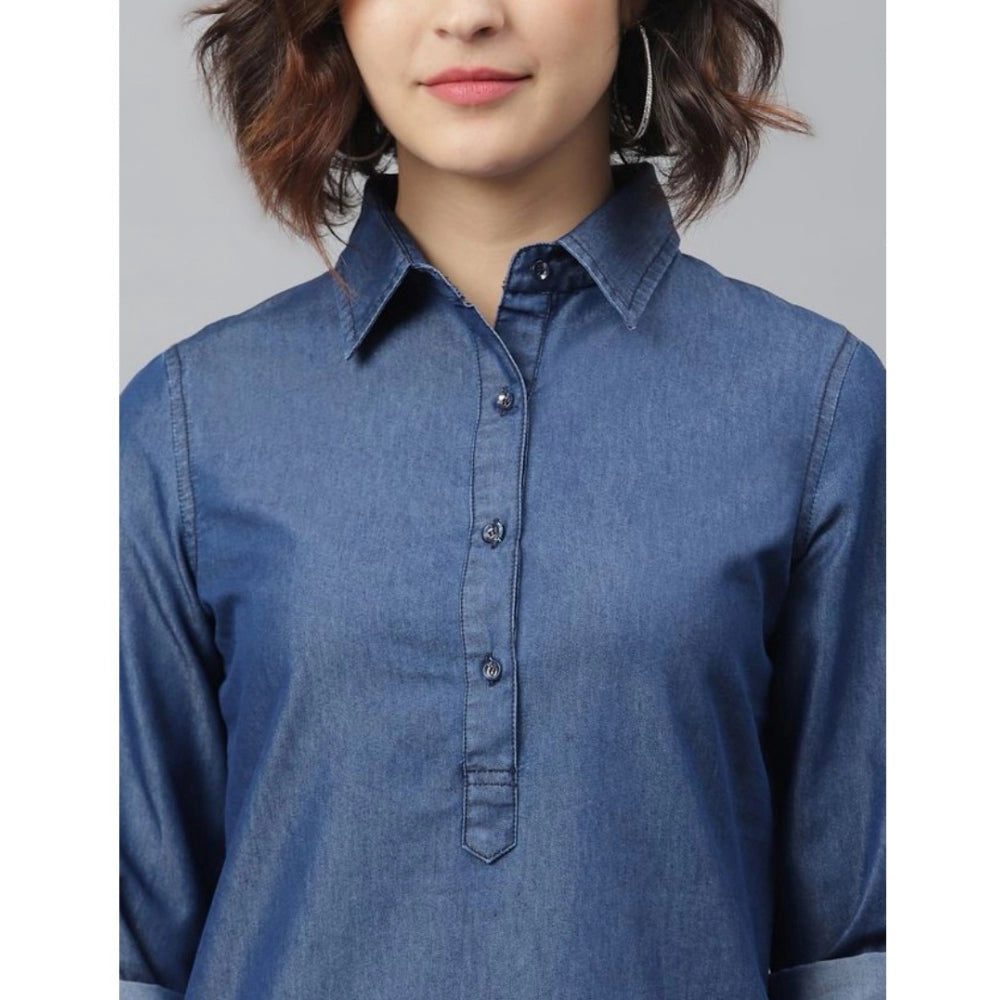 Snuggle Spot Women's Denim Solid Long Sleeves Above Knee Dress (Navy Blue)
