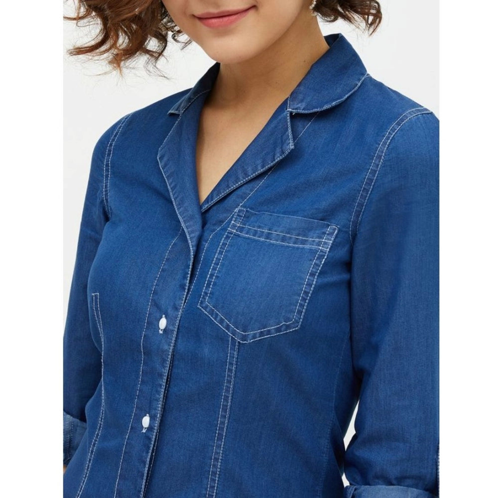 Snuggle Spot Women's Denim Solid Long Sleeves Above Knee Dress (Blue)