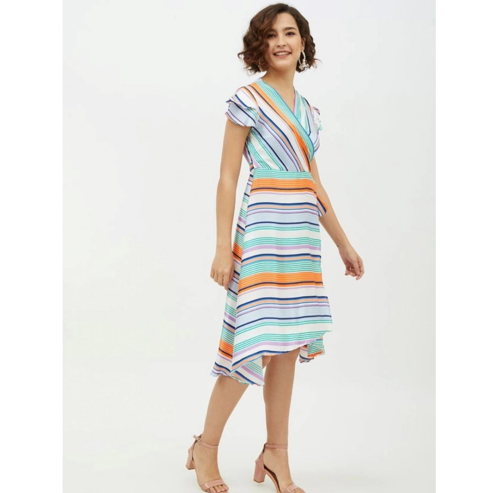 Snuggle Spot Women's Satin Striped Short Sleeve Knee-Length Dress (Multicolor)