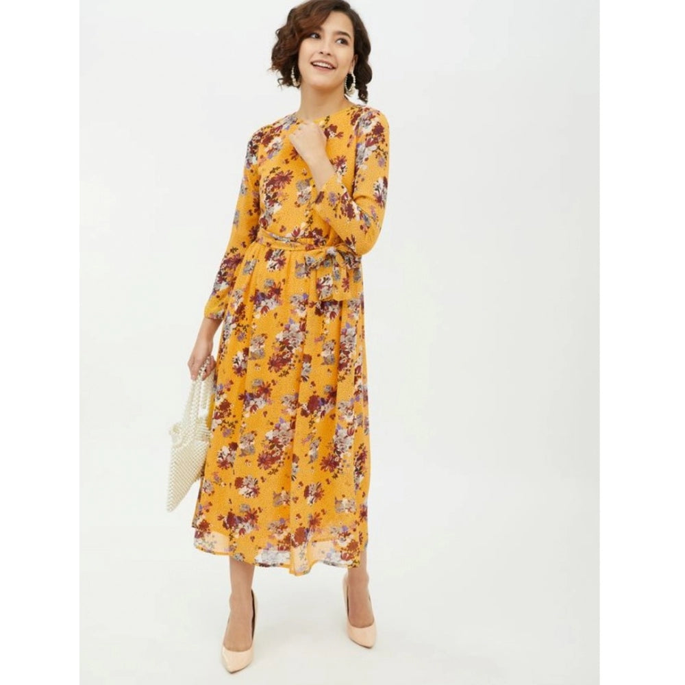 Snuggle Spot Women's Polyester Floral Long Sleeves Calf-length Dress (Multicolor)