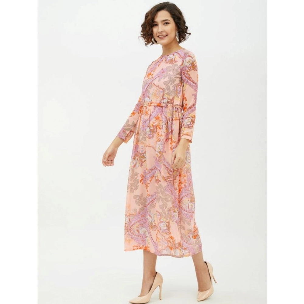 Snuggle Spot Women's Polyester Printed Long Sleeves Calf-length Dress (Multicolor)
