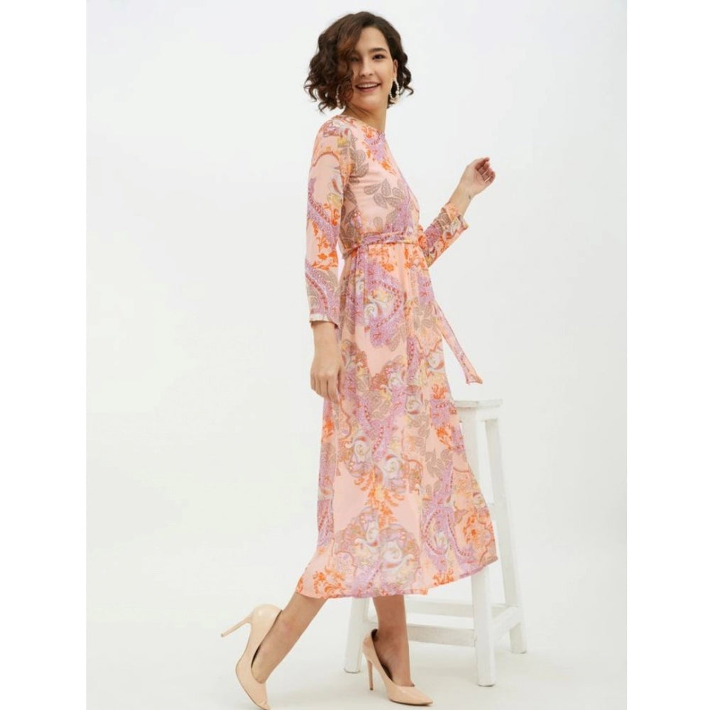 Snuggle Spot Women's Polyester Printed Long Sleeves Calf-length Dress (Multicolor)