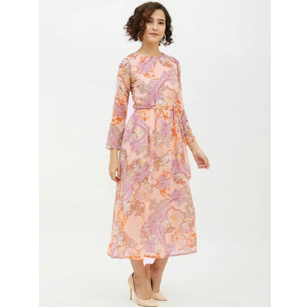 Snuggle Spot Women's Polyester Printed Long Sleeves Calf-length Dress (Multicolor)