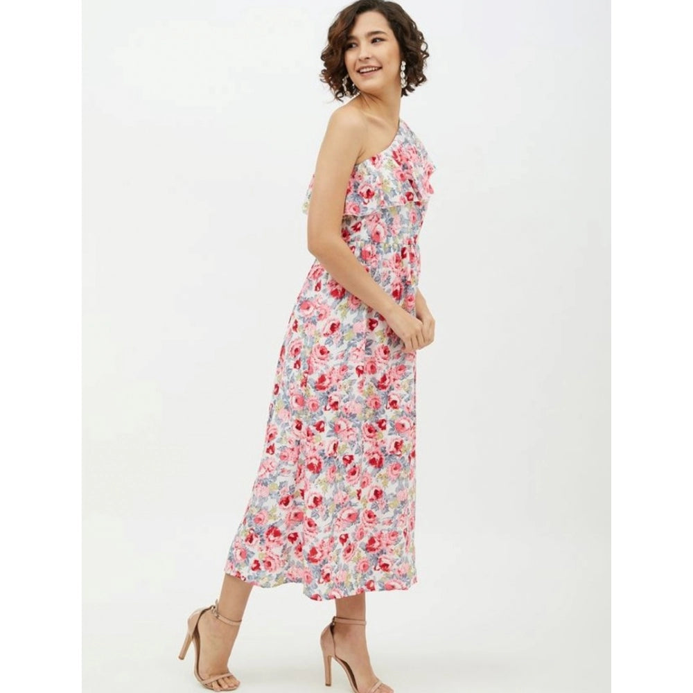 Snuggle Spot Women's Polyester Floral One Shoulder Calf-length Dress (Multicolor)