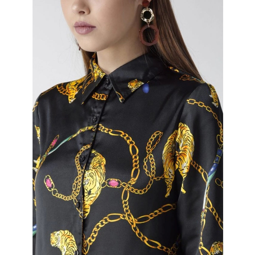 Snuggle Spot Women's Satin Printed Long Sleeves Standard Length Shirt (Black - Gold)