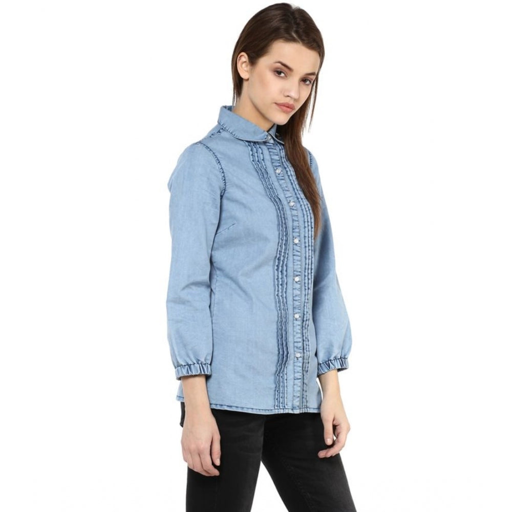 Snuggle Spot Women's Denim Solid 3-4th Sleeves Standard Length Shirt (Blue)