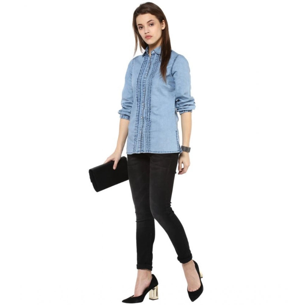 Snuggle Spot Women's Denim Solid 3-4th Sleeves Standard Length Shirt (Blue)