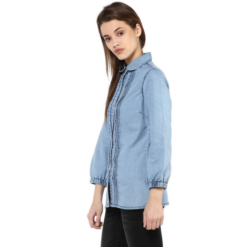 Snuggle Spot Women's Denim Solid 3-4th Sleeves Standard Length Shirt (Blue)