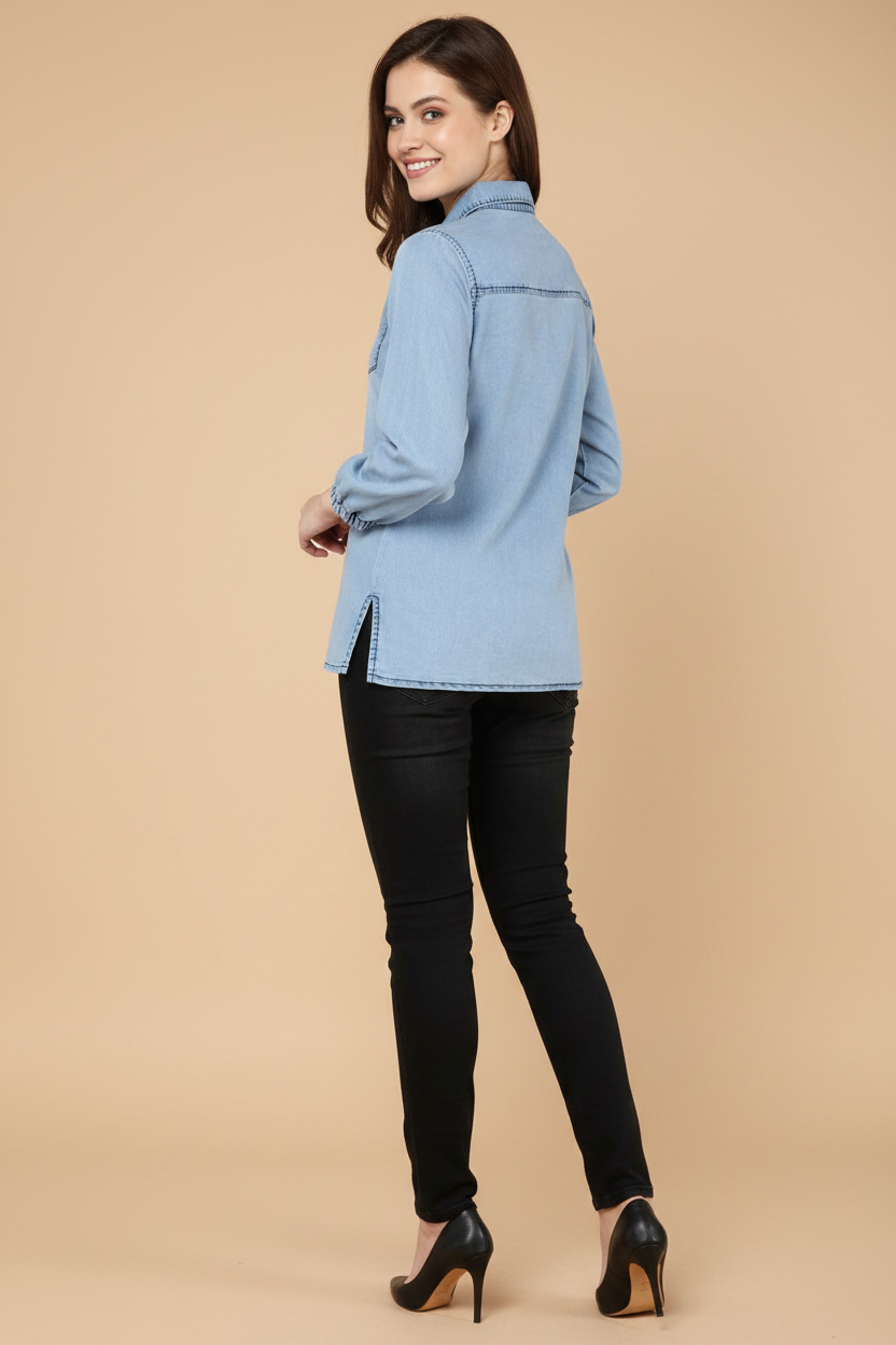 Snuggle Spot Women's Denim Solid 3-4th Sleeves Standard Length Shirt (Blue)
