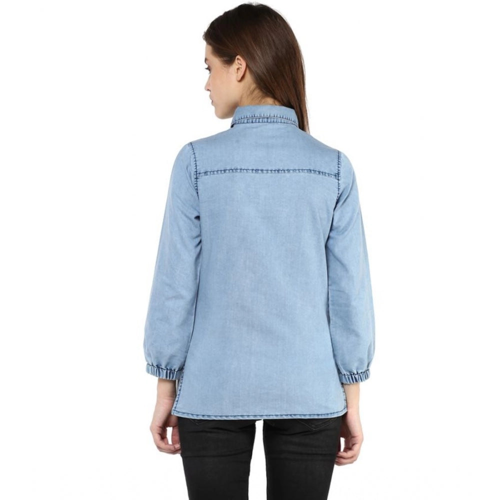 Snuggle Spot Women's Denim Solid 3-4th Sleeves Standard Length Shirt (Blue)