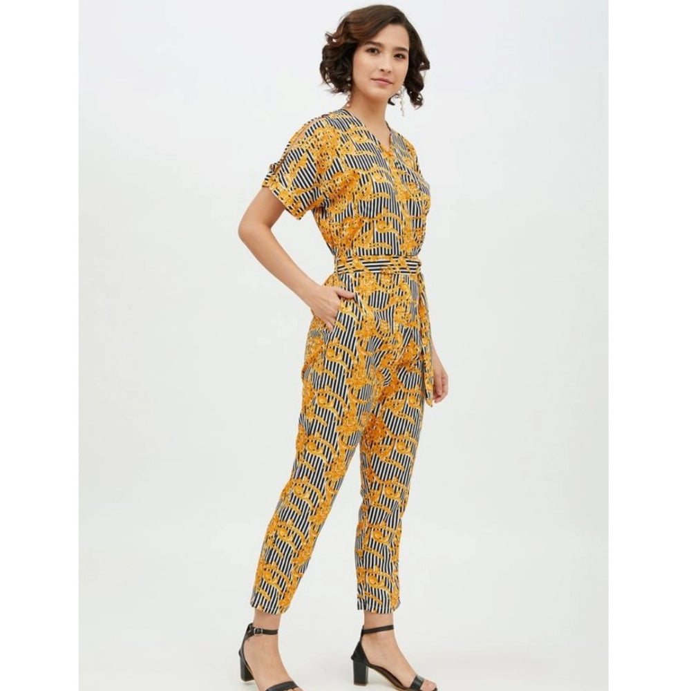 Snuggle Spot Women's Polyester Printed Half Sleeve Long Jumpsuit (Yellow)