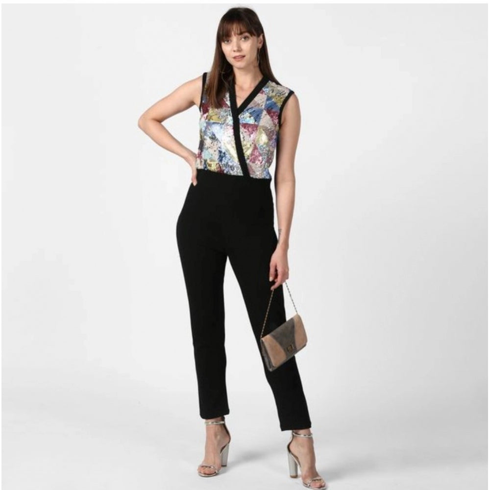 Snuggle Spot Women's Polyester Embellished Sleeveless Jumpsuit (Black)