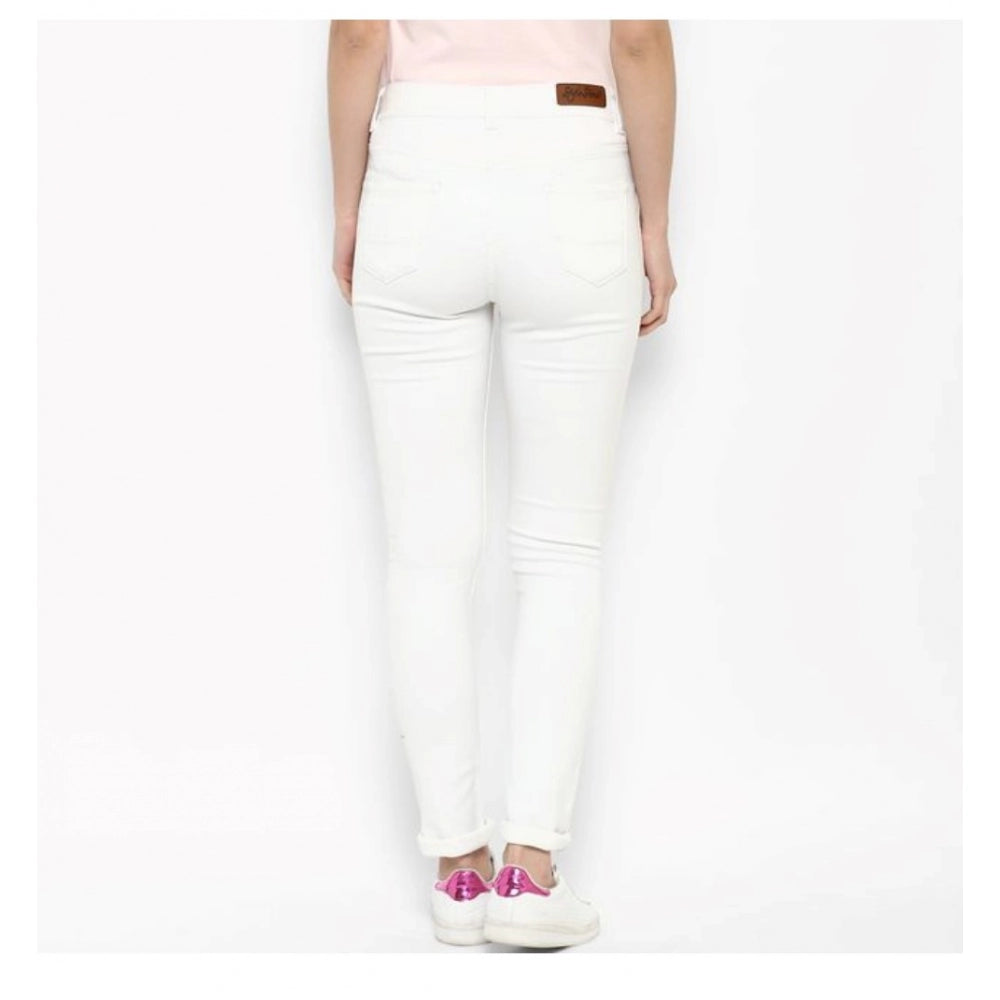 Snuggle Spot Women's Denim Solid Buttoned Jeans (White)