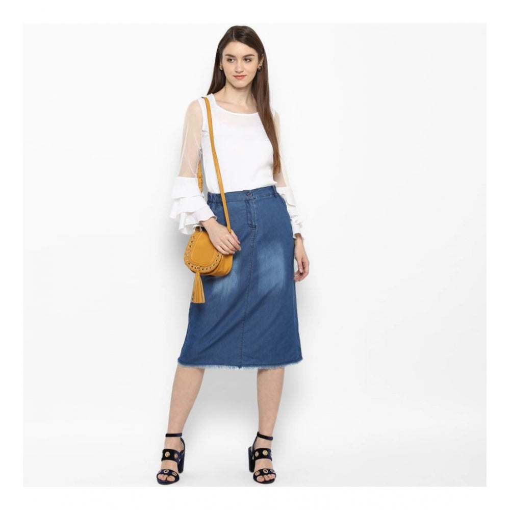 Snuggle Spot Women's Denim Washed Buttoned Skirt (Blue)