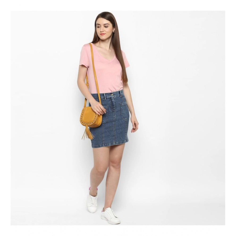 Snuggle Spot Women's Denim Front Pocket Buttoned Skirt (Blue)