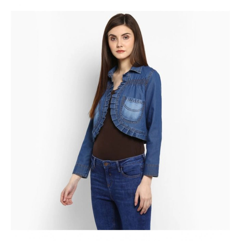 Snuggle Spot Women's Denim Pleated 3-4th Sleeves Shrug (Blue)