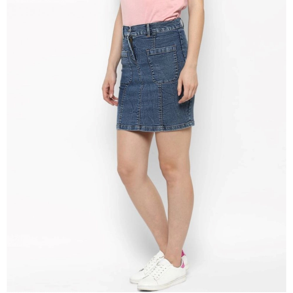 Snuggle Spot Women's Denim Front Pocket Buttoned Skirt (Blue)