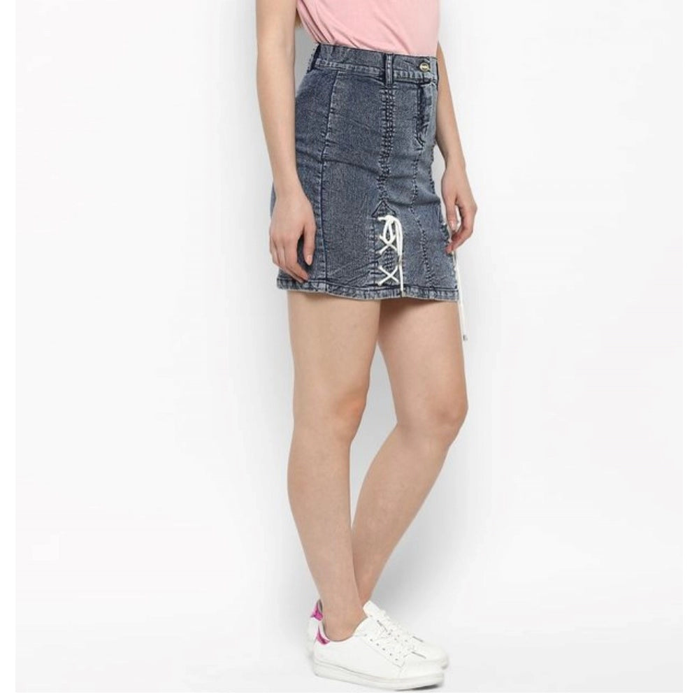 Snuggle Spot Women's Denim Tie Up Buttoned Skirt (Blue)