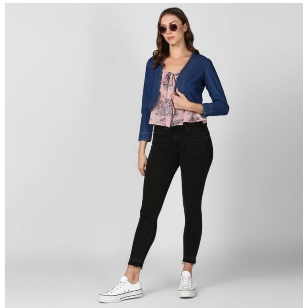 Snuggle Spot Women's Denim Ruffled Long Sleeves Shrug (Navy Blue)