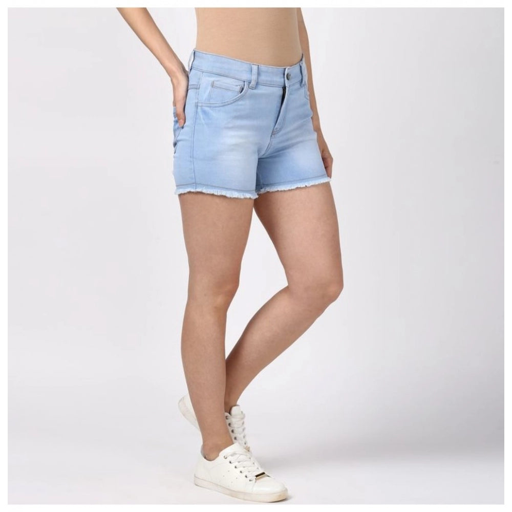 Snuggle Spot Women's Denim Solid Buttoned Shorts (Blue)