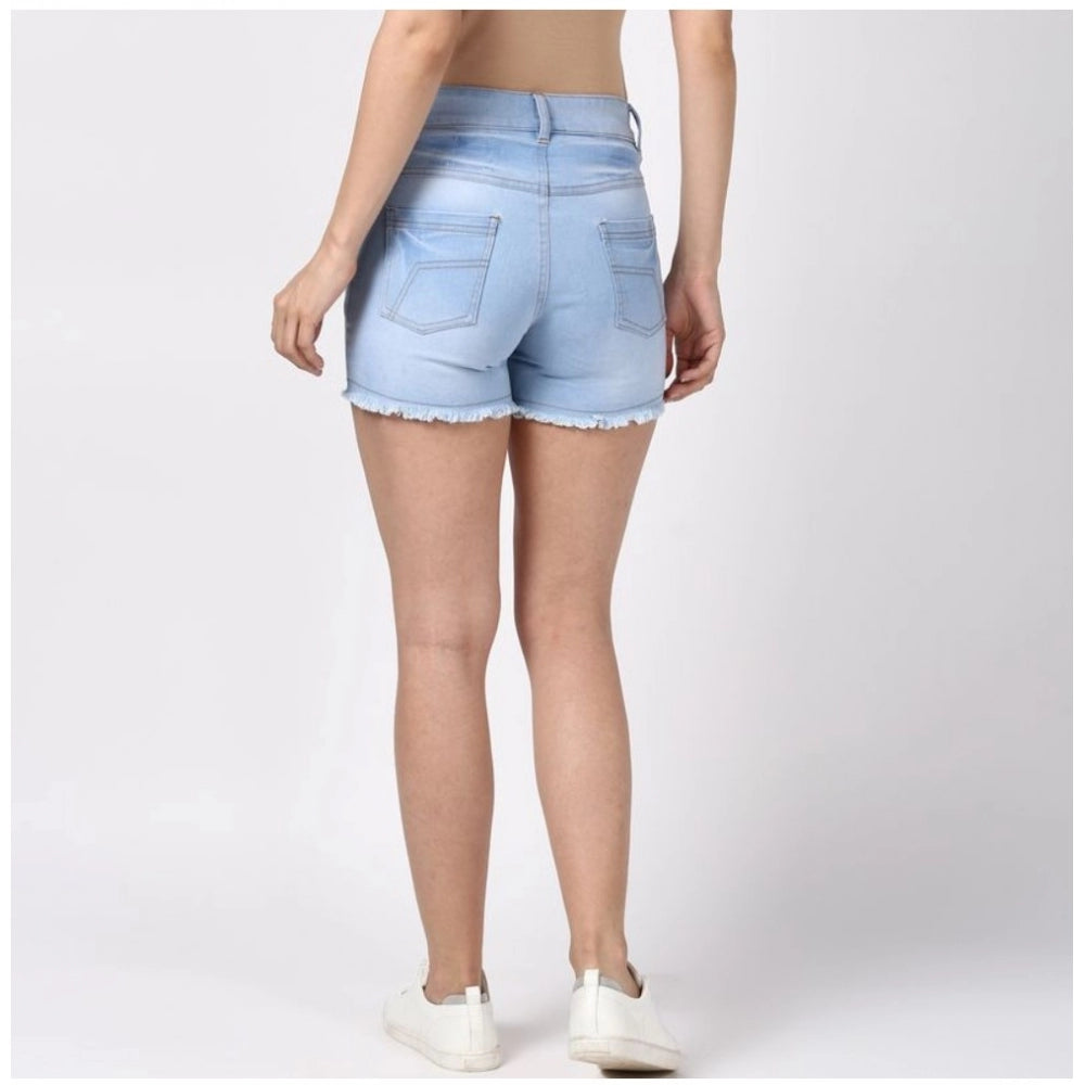 Snuggle Spot Women's Denim Solid Buttoned Shorts (Blue)
