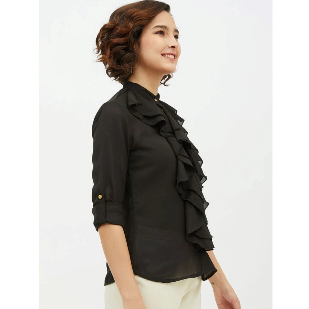 Snuggle Spot Women's Polyester Ruffled Long Sleeves Standard Length Shirt (Black)