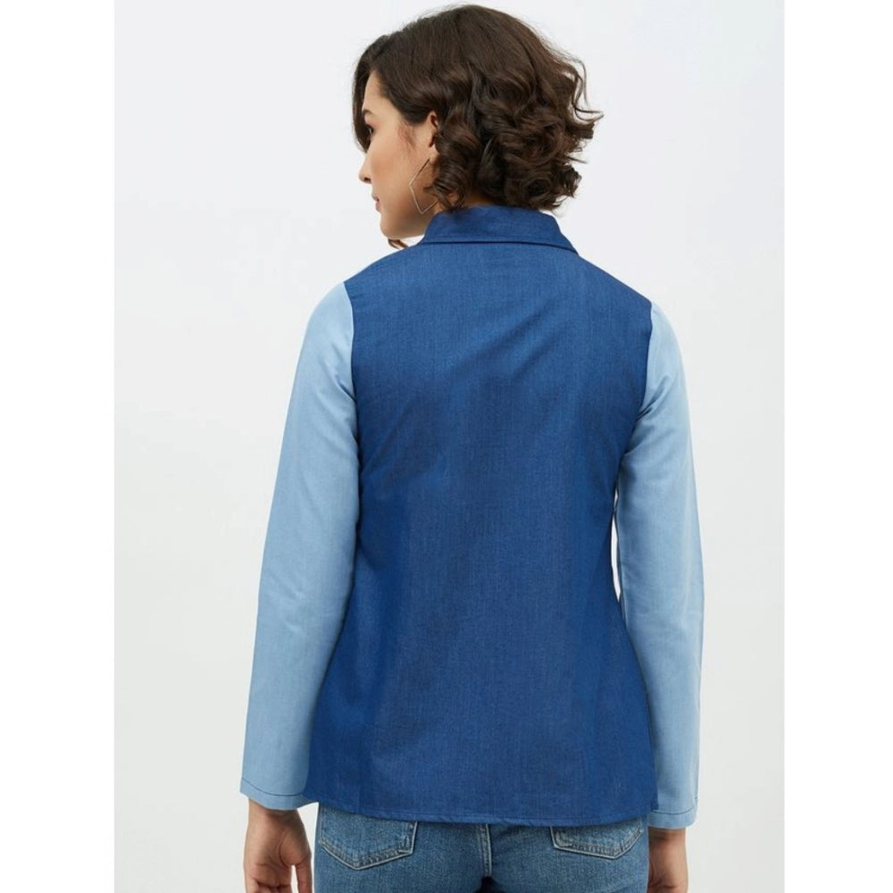 Snuggle Spot Women's Denim Patch Work Long Sleeves Standard Length Shirt (Blue)