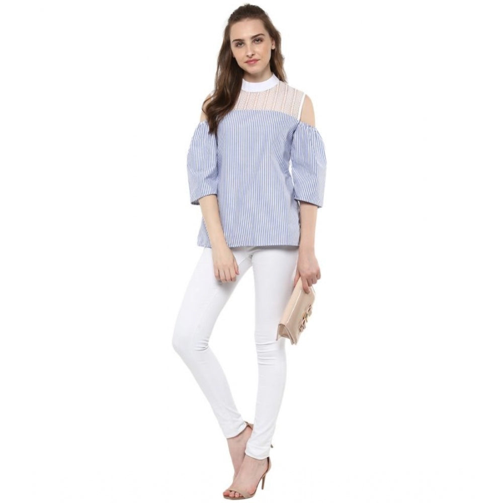 Snuggle Spot Women's Cotton Striped Cold Shoulder Top (Blue)