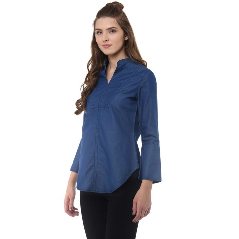 Snuggle Spot Women's Denim Solid Bell Sleeve Regular Top (Blue Denim)