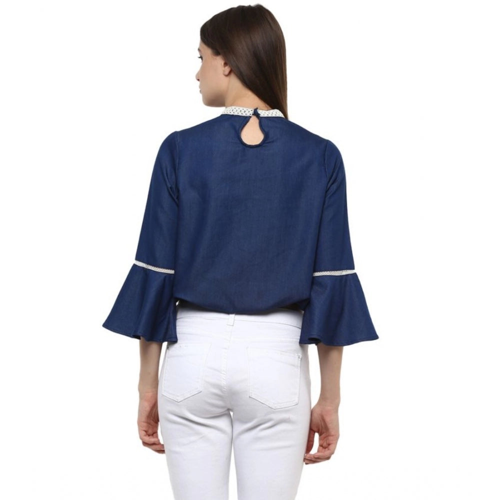 Snuggle Spot Women's Polyester Solid Bell Sleeve Regular Top (Blue)
