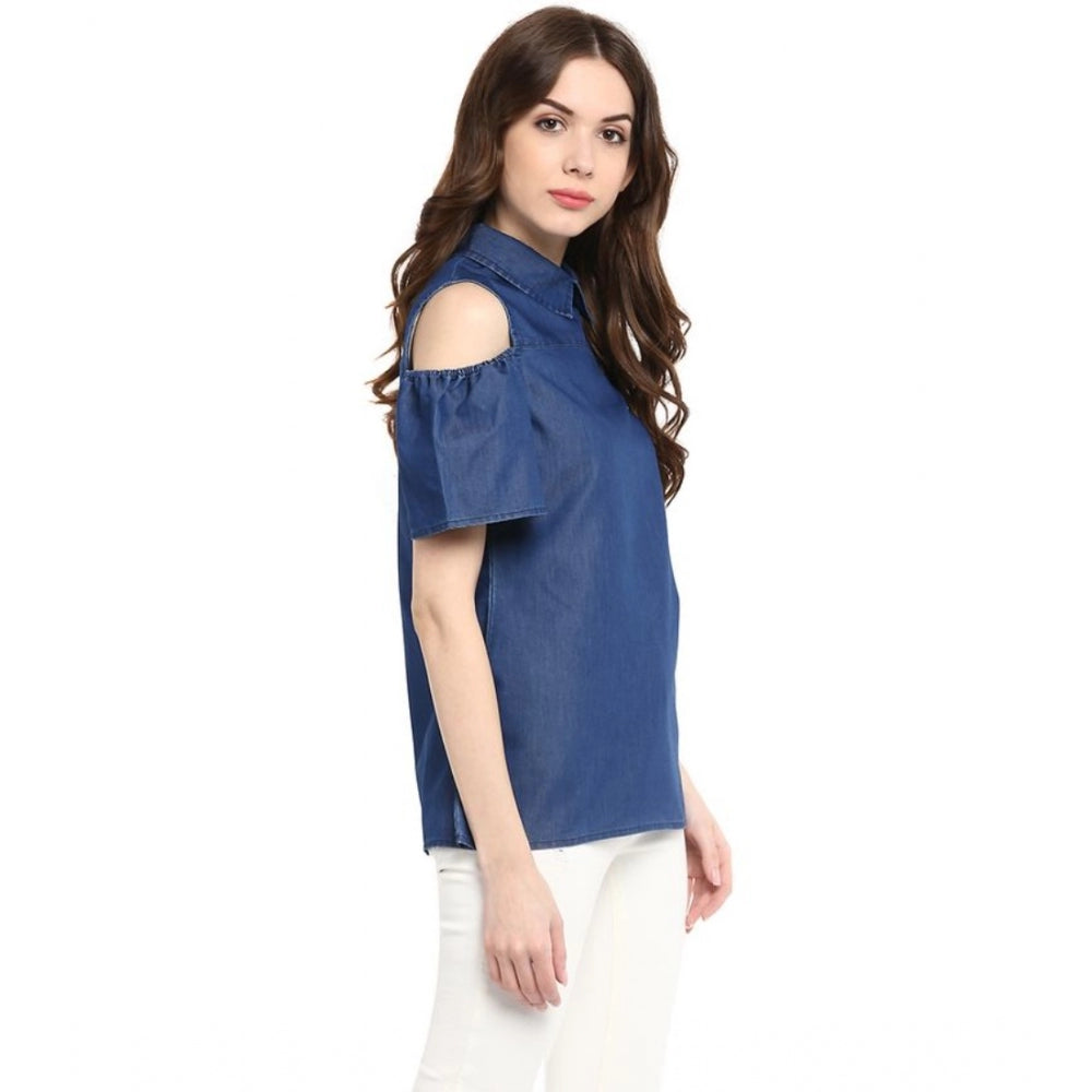 Snuggle Spot Women's Denim Solid Cold Shoulder Regular Top (Blue)