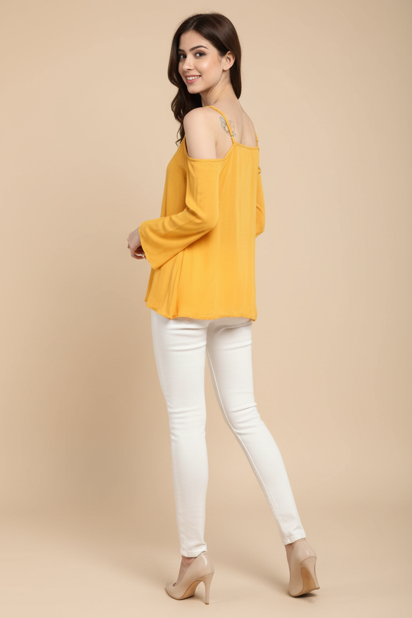 Snuggle Spot Women's Rayon Embellished Cold Shoulder Regular Top (Mustard Yellow)