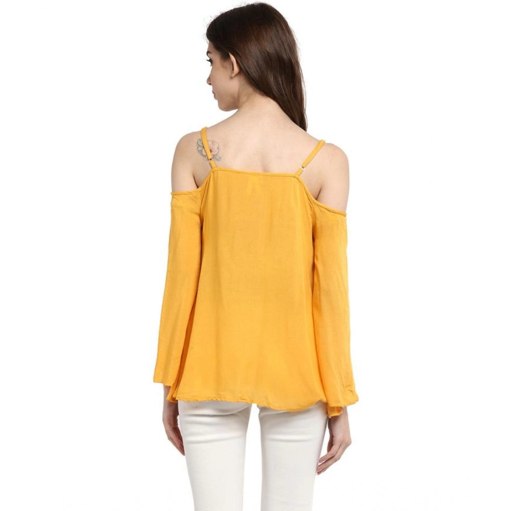 Snuggle Spot Women's Rayon Embellished Cold Shoulder Regular Top (Mustard Yellow)