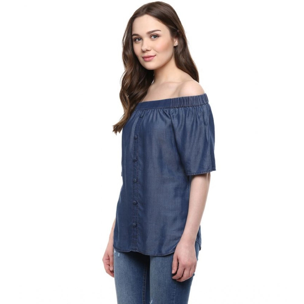 Snuggle Spot Women's Denim Solid Short Sleeve Regular Top (Blue)