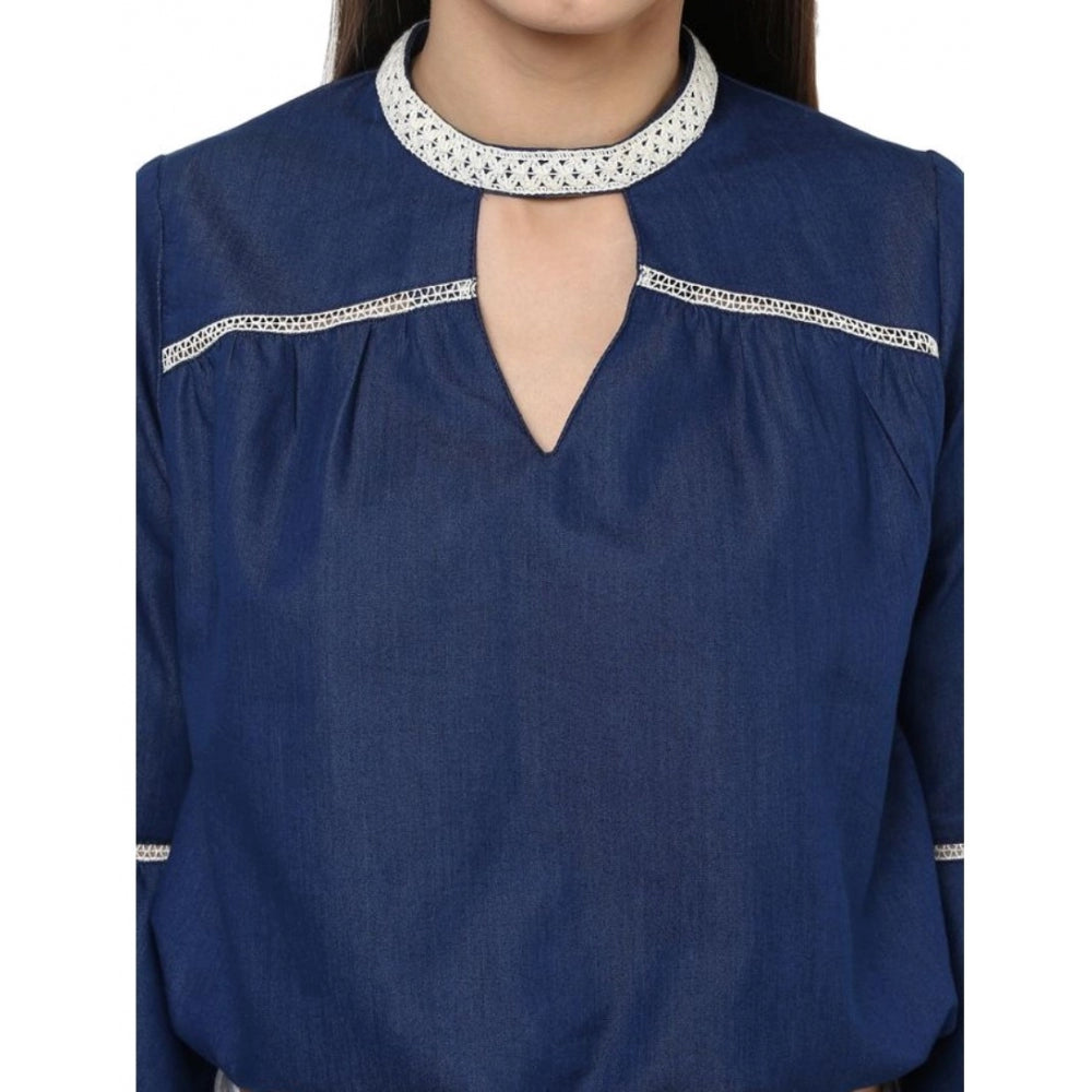 Snuggle Spot Women's Polyester Solid Bell Sleeve Regular Top (Blue)