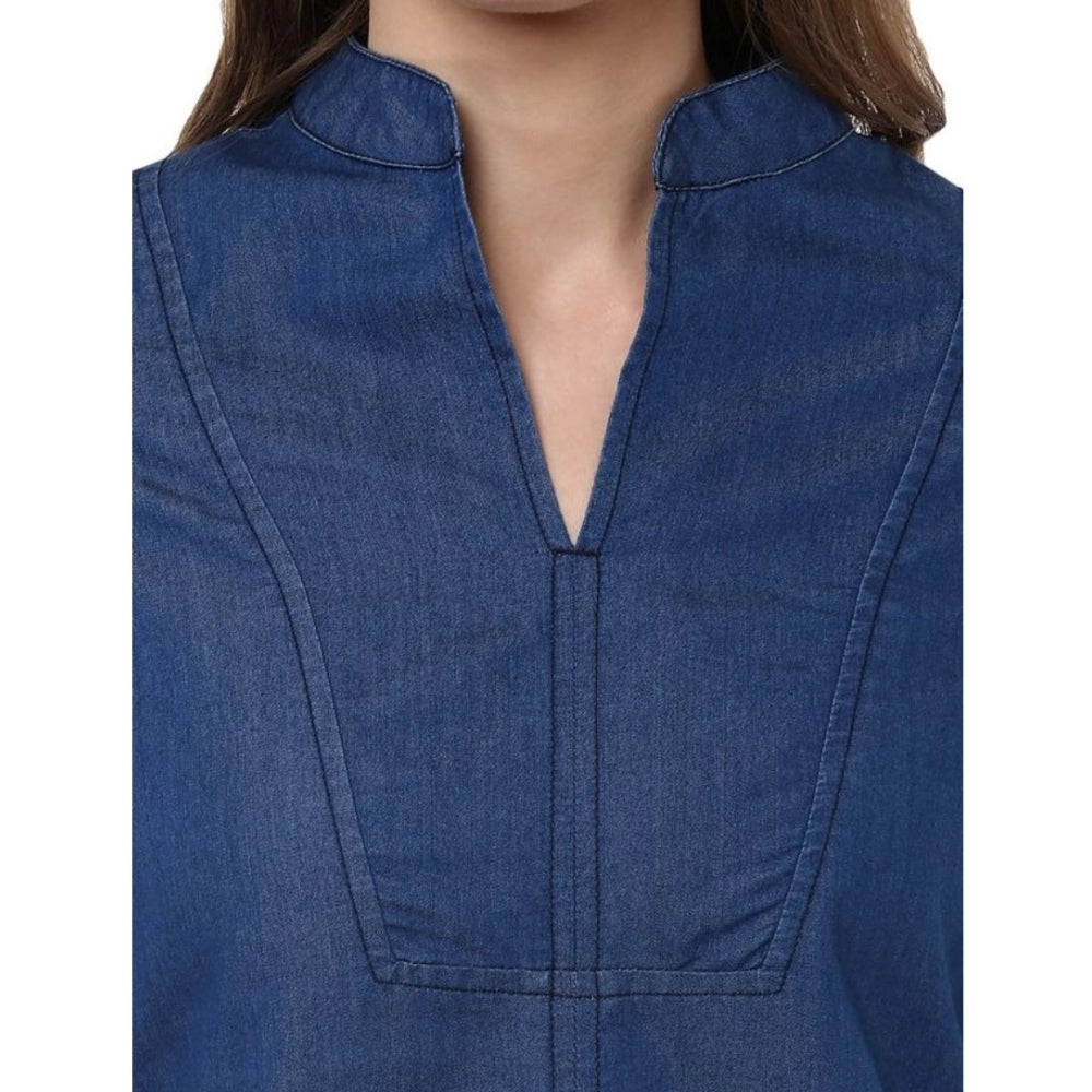 Snuggle Spot Women's Denim Solid Bell Sleeve Regular Top (Blue Denim)