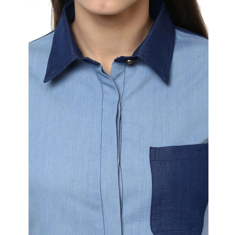 Snuggle Spot Women's Denim Patch Work Long Sleeves Regular Top (Blue)