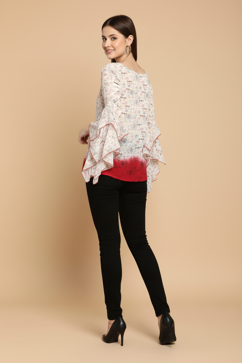 Snuggle Spot Women's Rayon Crepe Printed Ruffle Sleeve Top (Off White - Red)