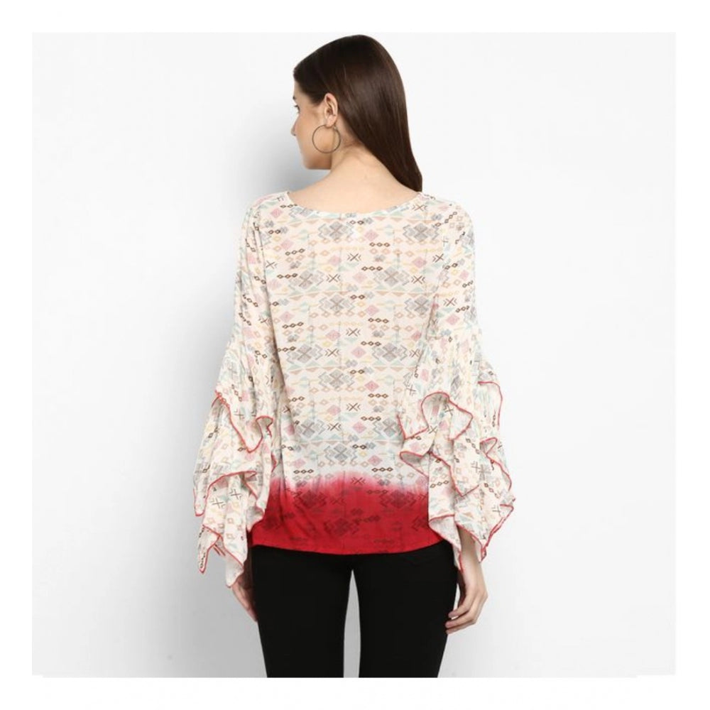 Snuggle Spot Women's Rayon Crepe Printed Ruffle Sleeve Top (Off White - Red)
