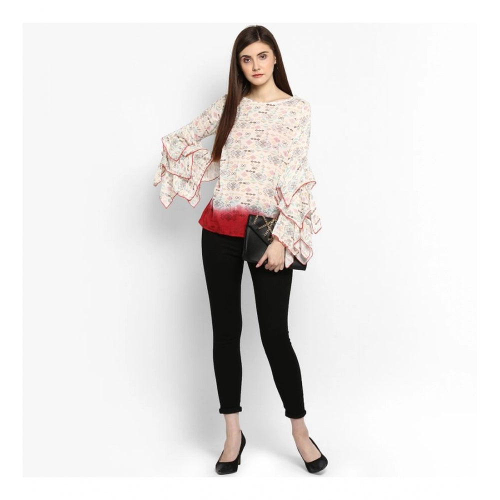 Snuggle Spot Women's Rayon Crepe Printed Ruffle Sleeve Top (Off White - Red)