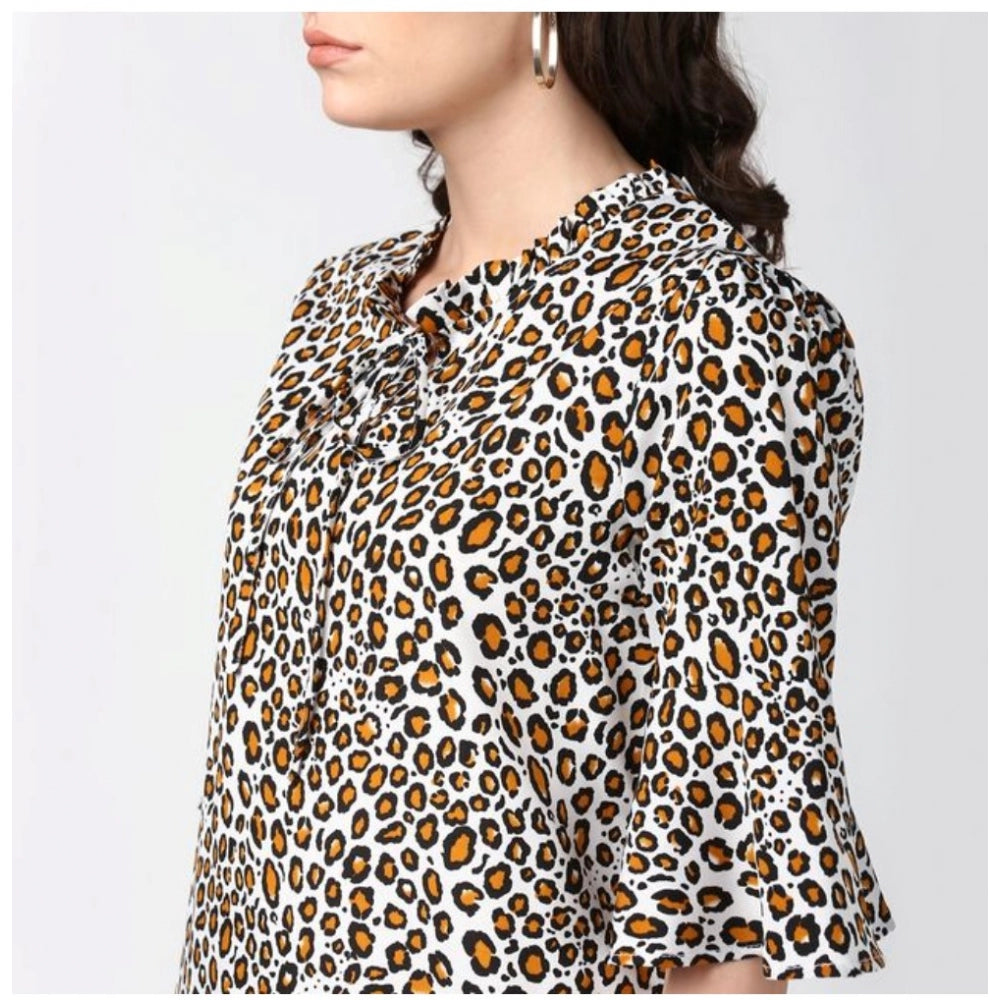 Snuggle Spot Women's Polyester Animal Print Bell Sleeve Top (Orange - Black)