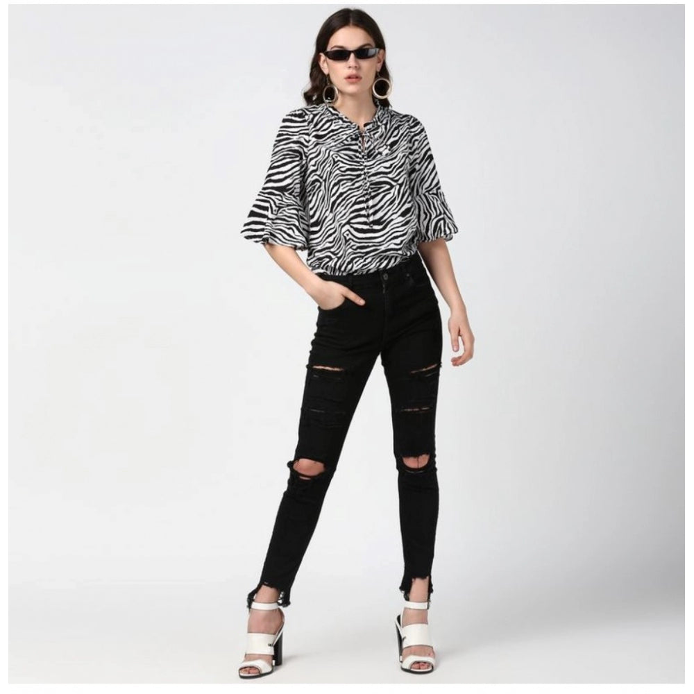 Snuggle Spot Women's Polyester Animal Print Bell Sleeve Top (Black - White)