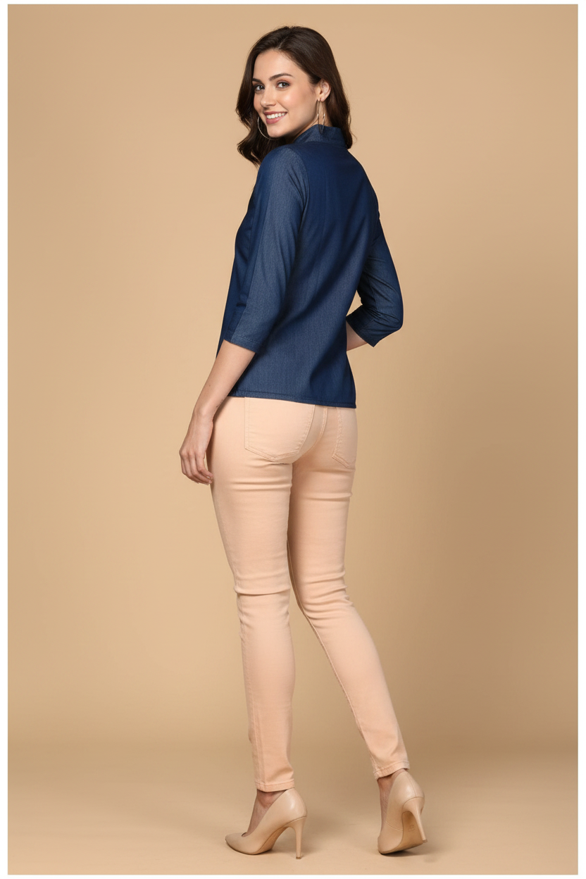 Snuggle Spot Women's Denim Solid 3-4th Sleeves Top (Blue)