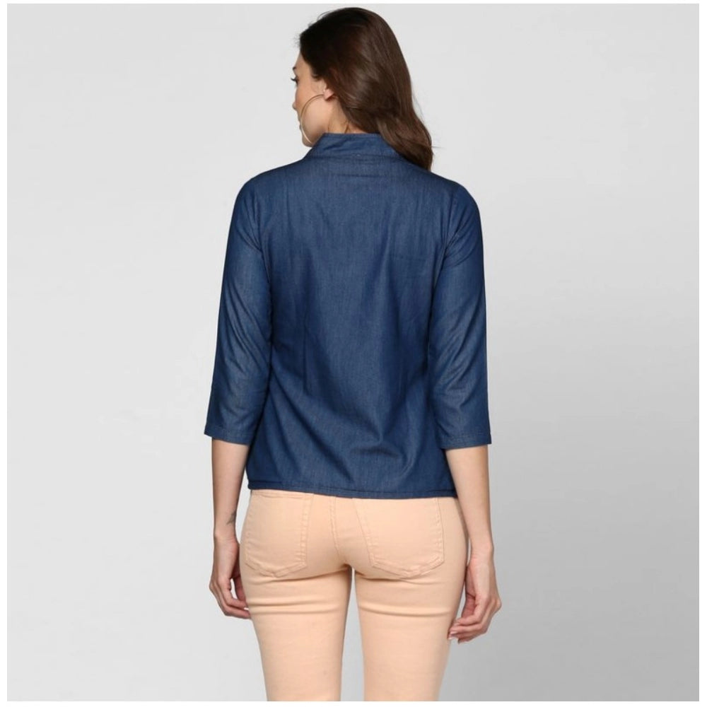 Snuggle Spot Women's Denim Solid 3-4th Sleeves Top (Blue)