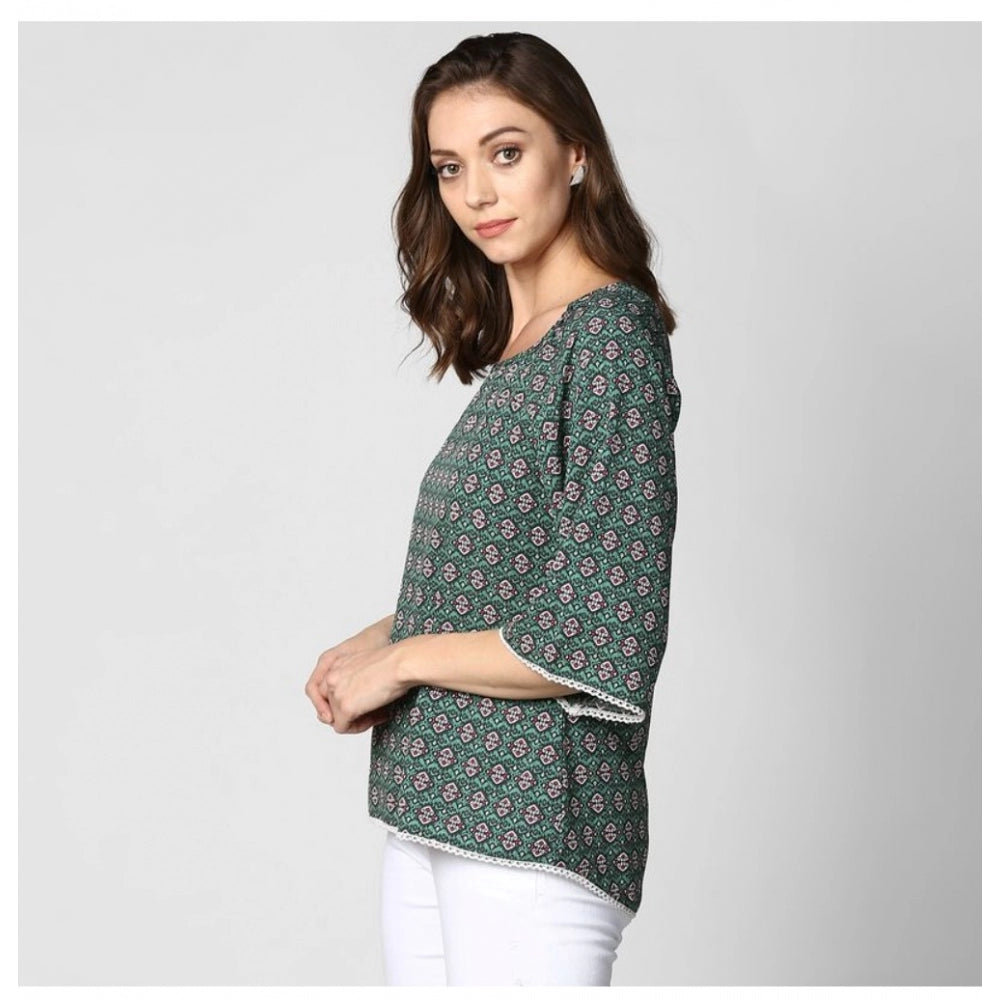 Snuggle Spot Women's Polyester Printed 3-4th Sleeves Top (Green)