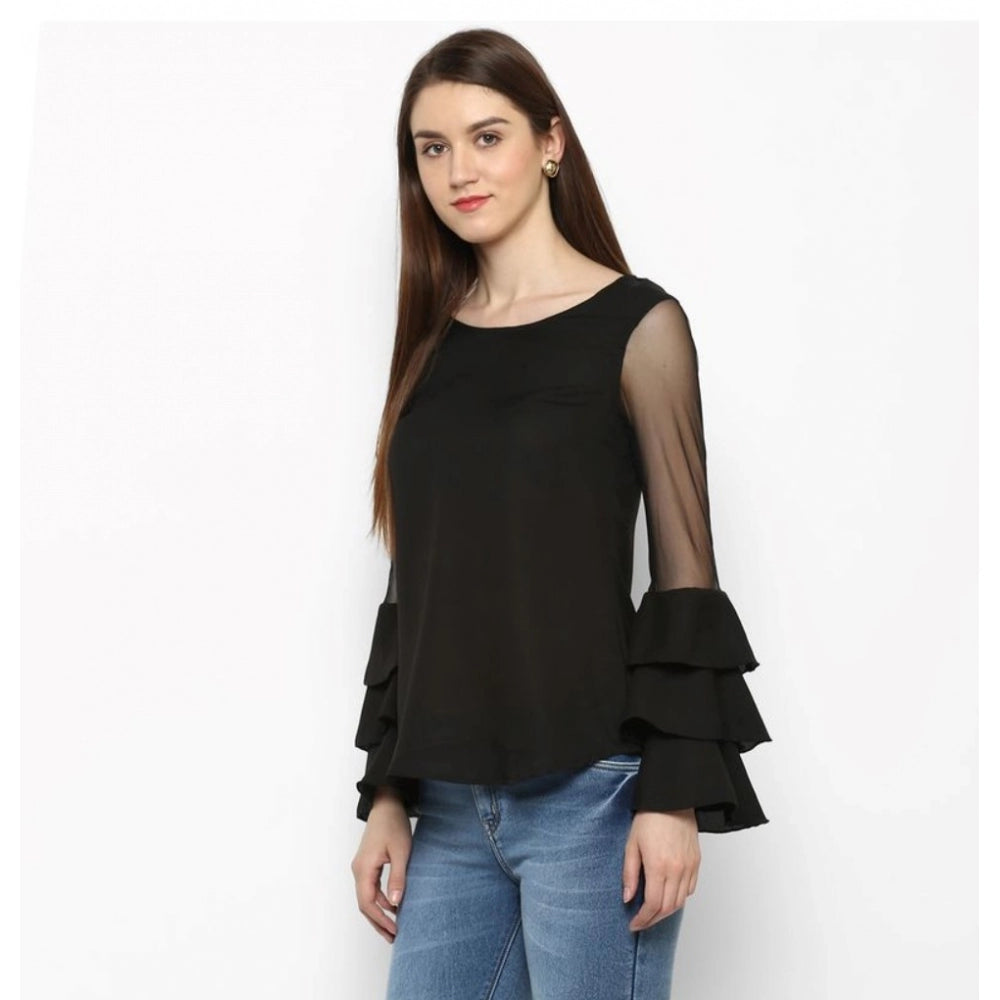 Snuggle Spot Women's Polyester Solid Tier Sleeve Top (Black)