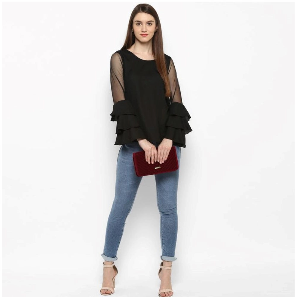 Snuggle Spot Women's Polyester Solid Tier Sleeve Top (Black)