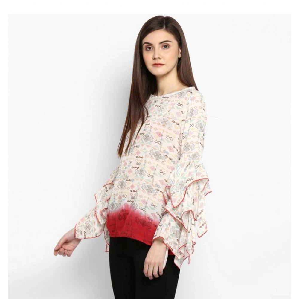 Snuggle Spot Women's Rayon Crepe Printed Ruffle Sleeve Top (Off White - Red)