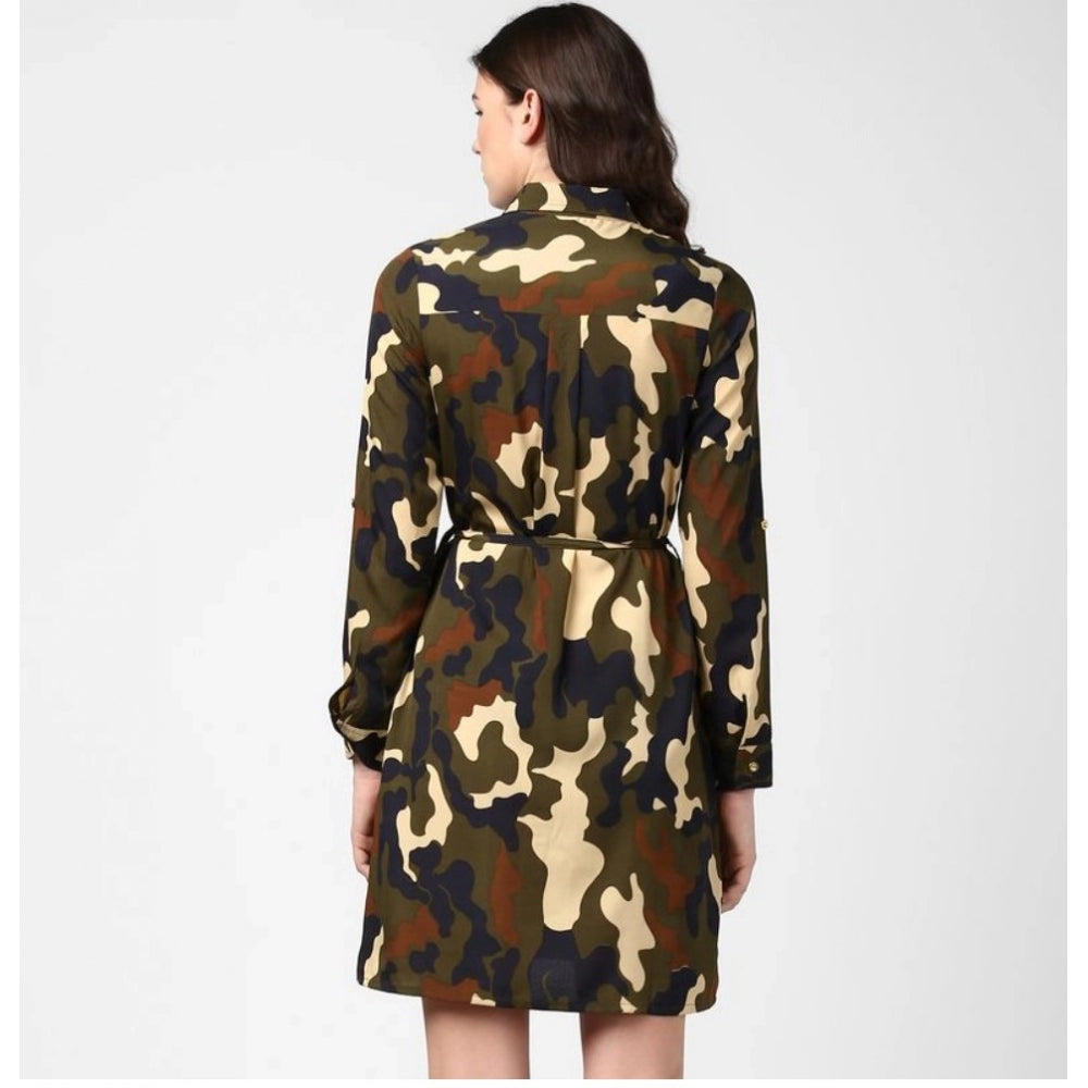 Snuggle Spot Women's Polyester Printed Roll Up Sleeve Tunic Top (Green - Black)