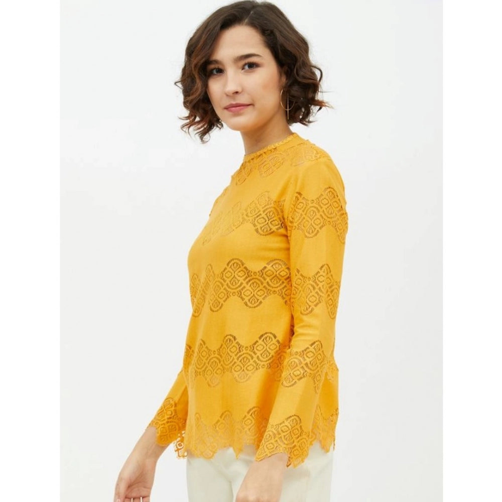 Snuggle Spot Women's Cotton Lace Inserts Long Sleeves Top (Yellow)